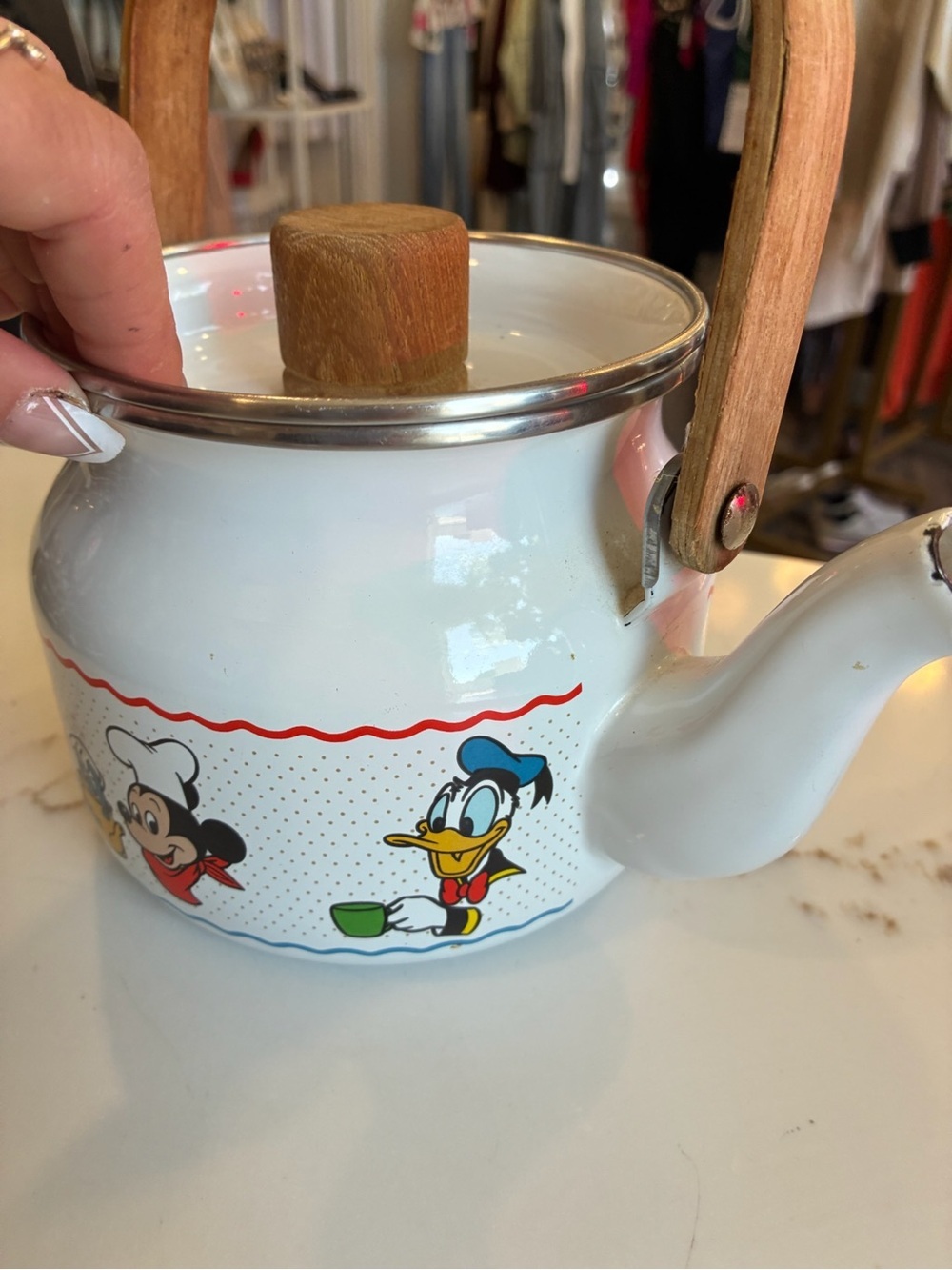 Disney Cartoon-Print Enamel Teapot with Wooden Handle vintage - Picture 3 of 7